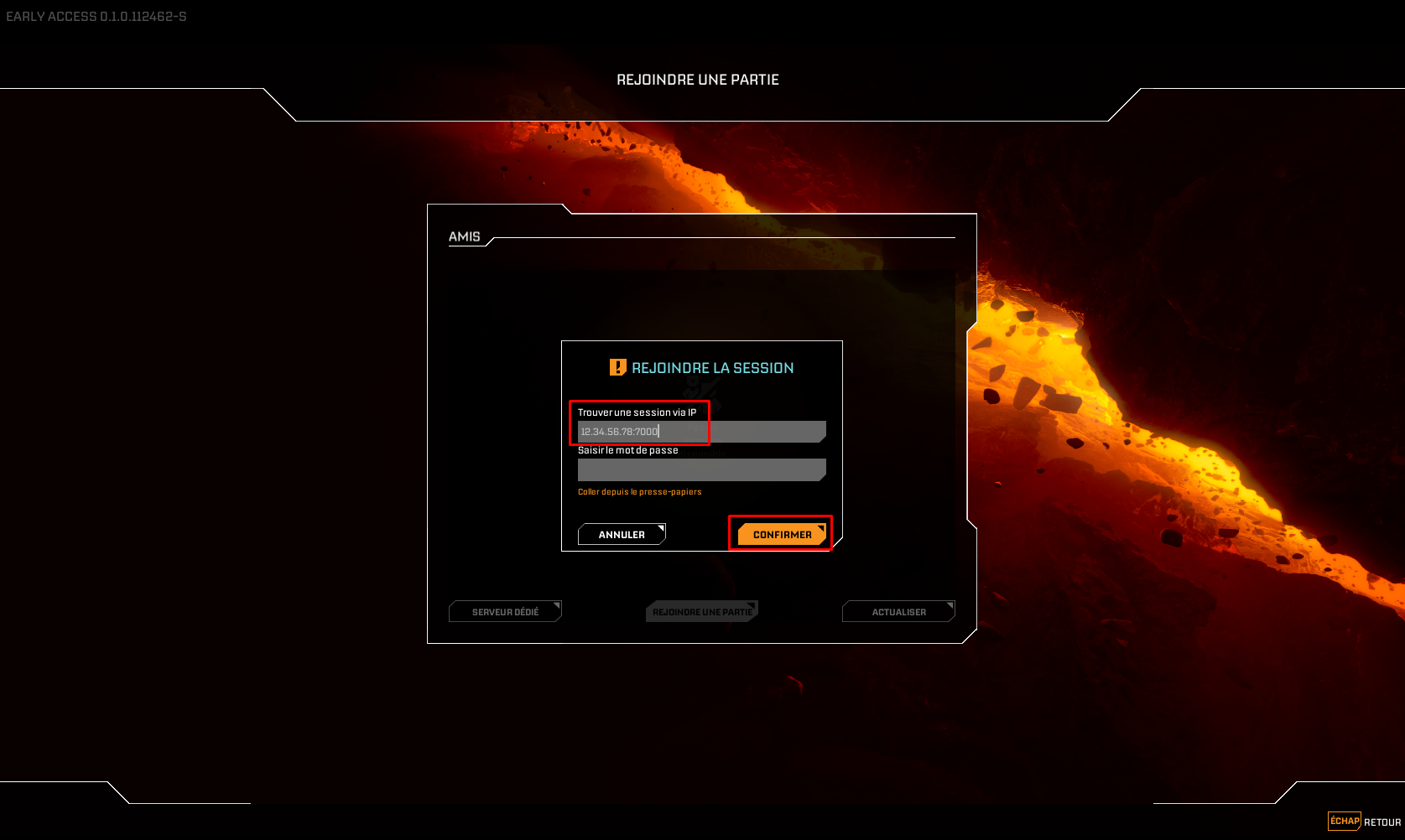 Champ de connexion : IP et port du serveur StarRupture