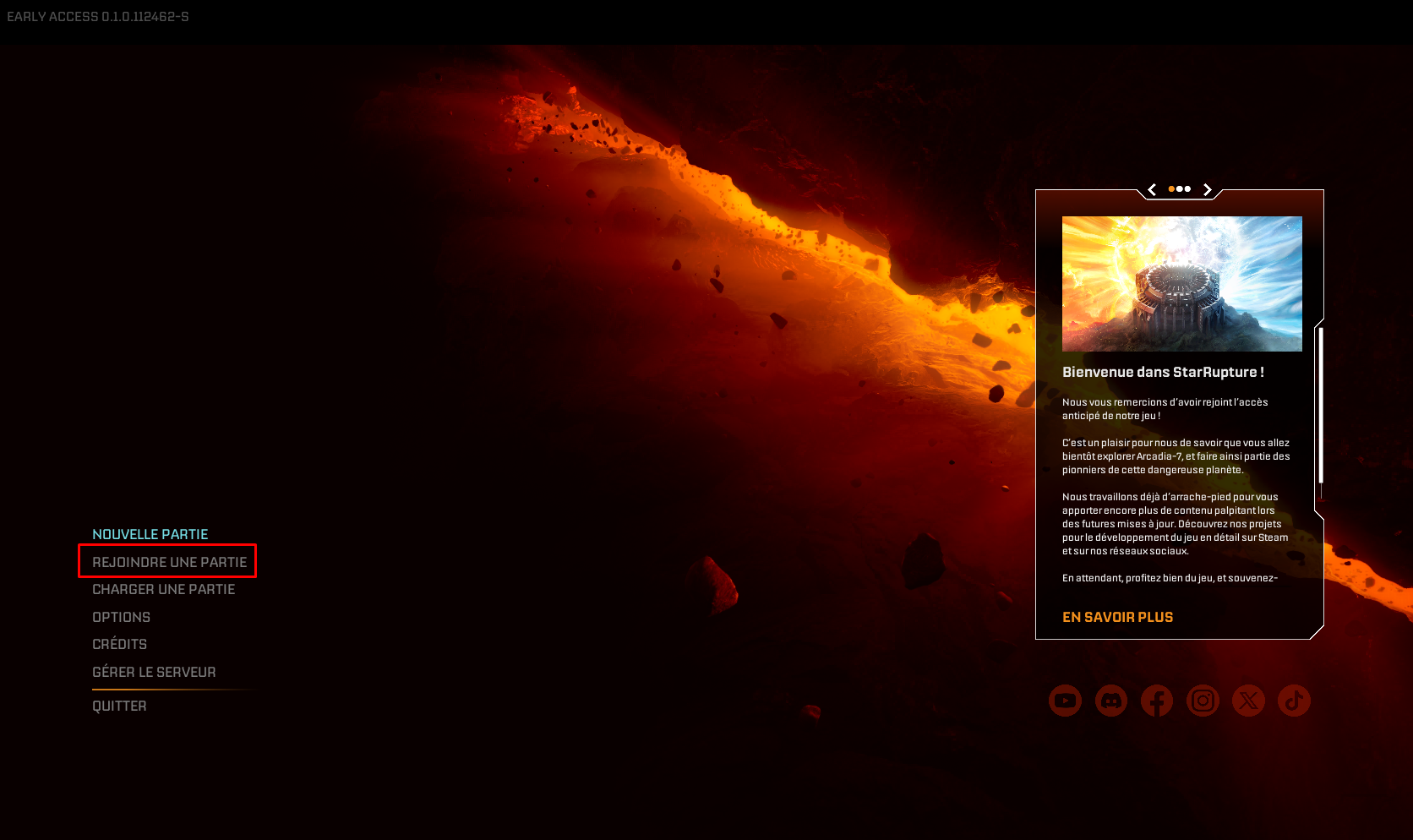 Menu StarRupture : bouton Rejoindre une partie